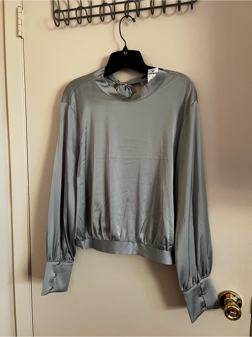 Express Satin Tie-Neck Blouse in Light Blue